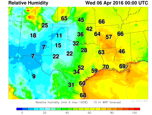 WDT WRF Relative Humidity 7pm CDT Tuesday, April 5, 2016