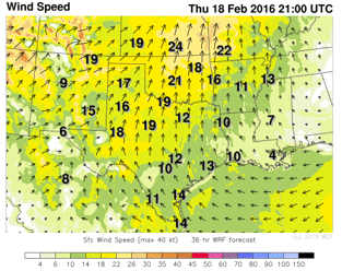 Winds Thursday, February 18, 2016 3pm CST