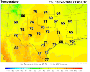 WDT WRF Temperatures Thursday, February 18, 2016 3pm CST