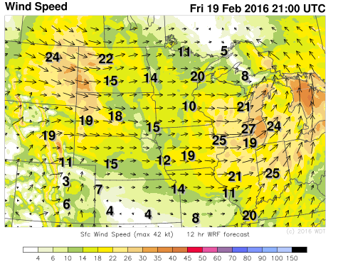 WDT WRF Winds 3pm CST Friday, February 19, 2016