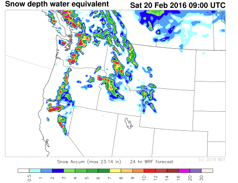 WDT WRF Snow Depth Friday, February 19, 2016