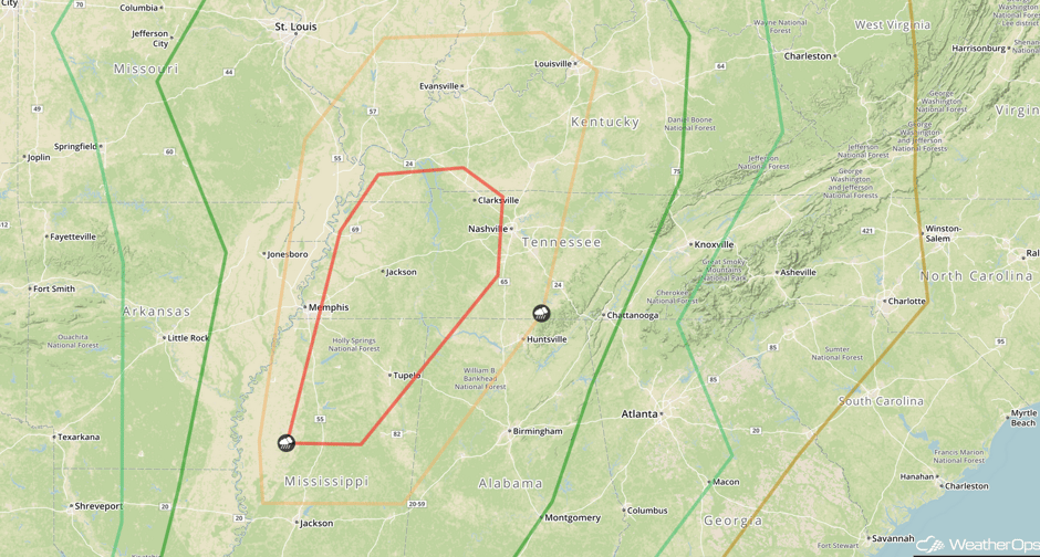 SPC Convective Outlook for Thursday, March 30, 2017 Shows Area of Possible Tennessee Tornado