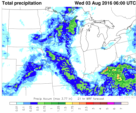 WDT WRF Total Precipitation through 1AM CDT Wednesday, August 3, 2016