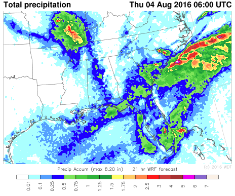 WDT WRF Total Precipitation through 2am EDT Thursday, August 4, 2016