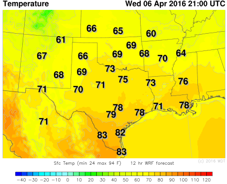 WDT WRF Temperatures 4pm CDT Wednesday, April 6, 2016