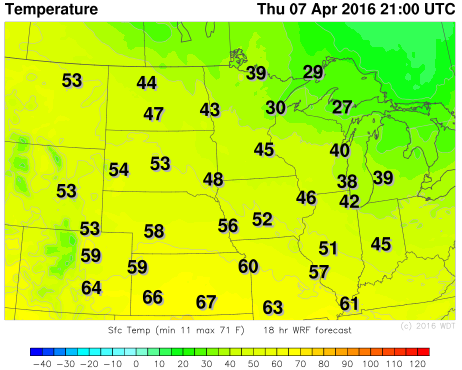 WDT WRF Temperatures 4pm CDT Thursday, April 7, 2016