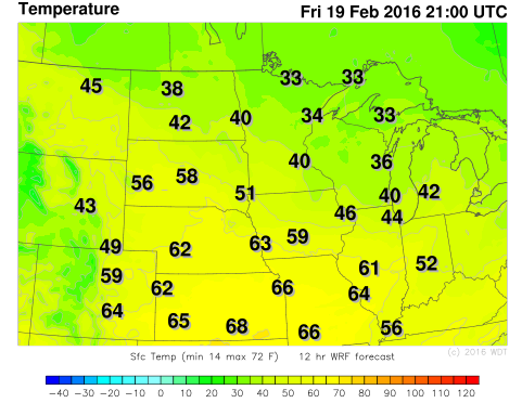 WDT WRF Temperatures 3pm CST Friday, February 19, 2016