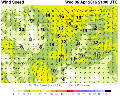 WDT WRF Winds 4pm CDT Wednesday, April 6, 2016