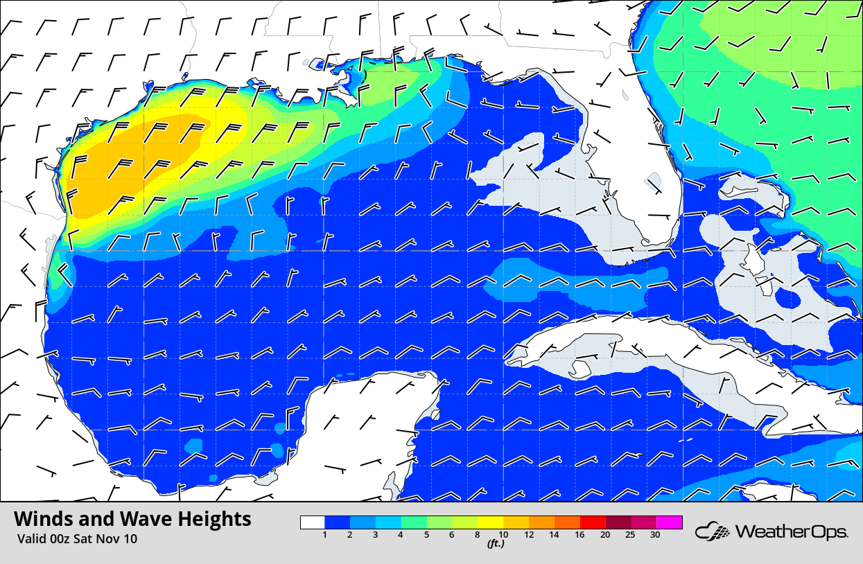 Winds and Wave Heights 6pm CST Friday, November 9, 2018