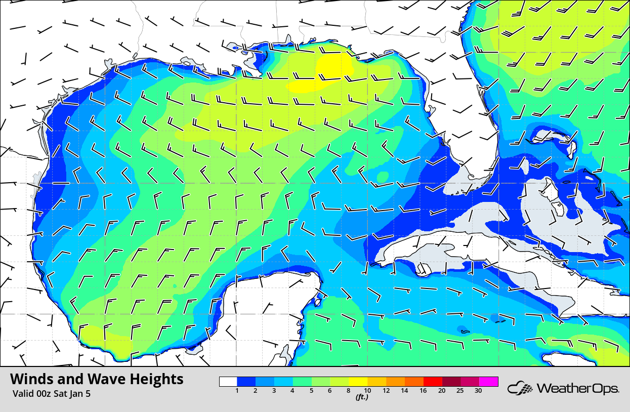 Winds and Wave Heights 6pm CST Friday, January 4, 2019