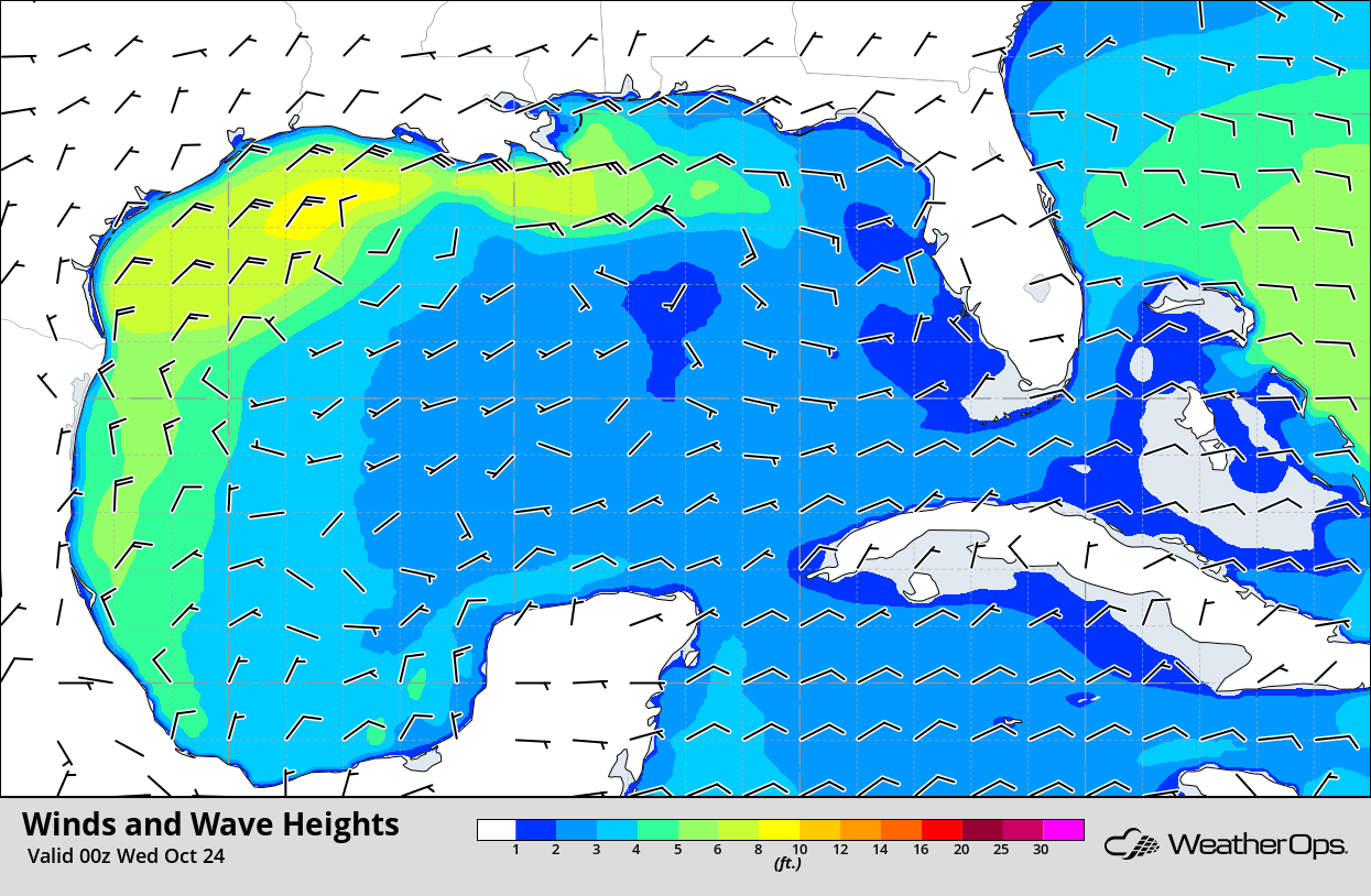 Winds and Wave Heights 7pm CDT Tuesday, October 23, 2018