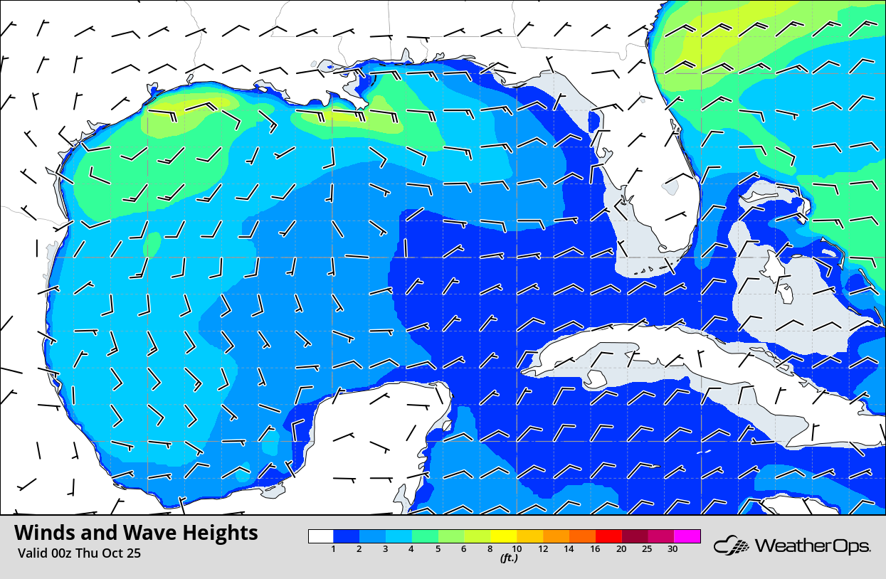 Winds and Wave Heights 7pm CDT Wednesday, October 25, 2018