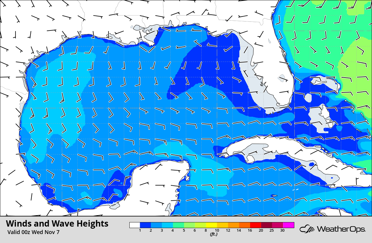 Winds and Wave Heights 6pm CST Tuesday, November 6, 2018