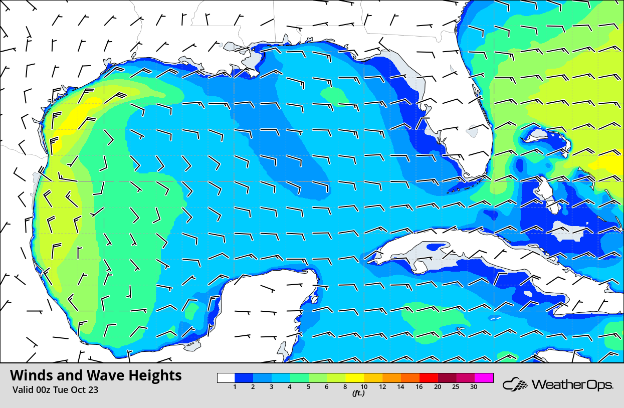 Winds and Wave Heights 7pm Monday, October 22, 2018