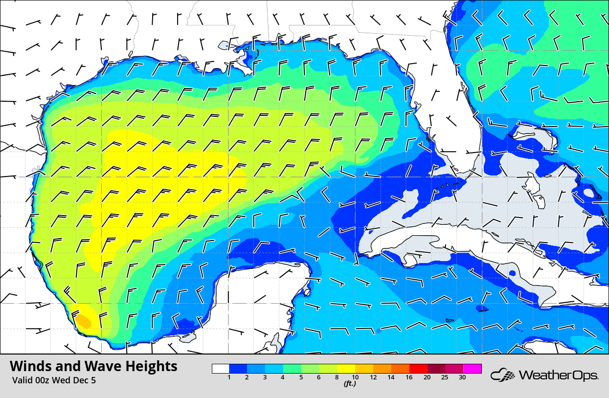 Winds and Wave Heights 6pm CST Tuesday, December 4, 2018