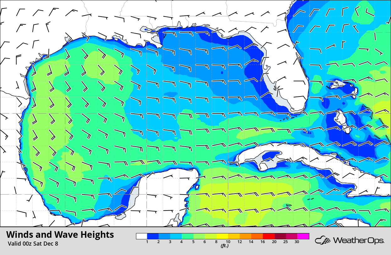 Winds and Wave Heights for 6pm CST Friday, December 7, 2018