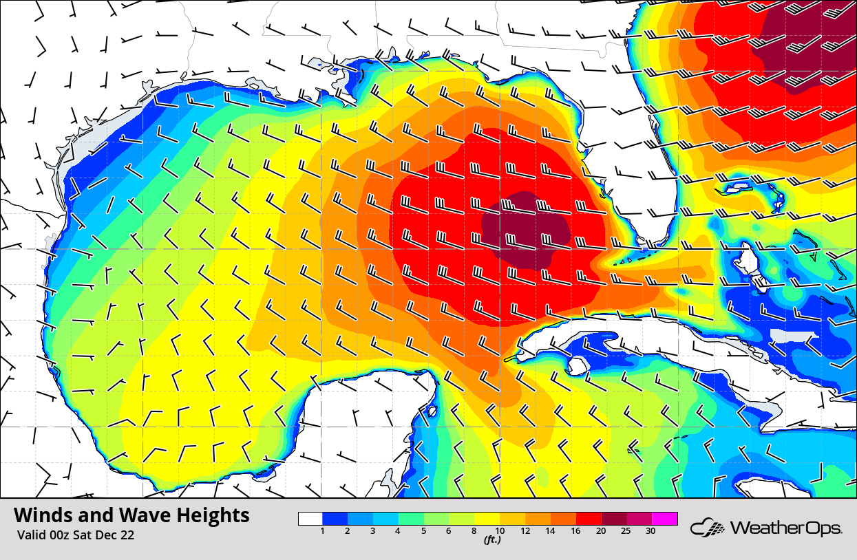 Winds and Wave Heights 6pm CST Friday, December 21, 2018