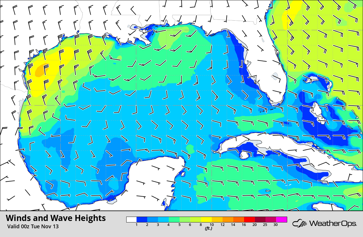 Winds and Wave Heights 6pm CST Monday, November 12, 2018