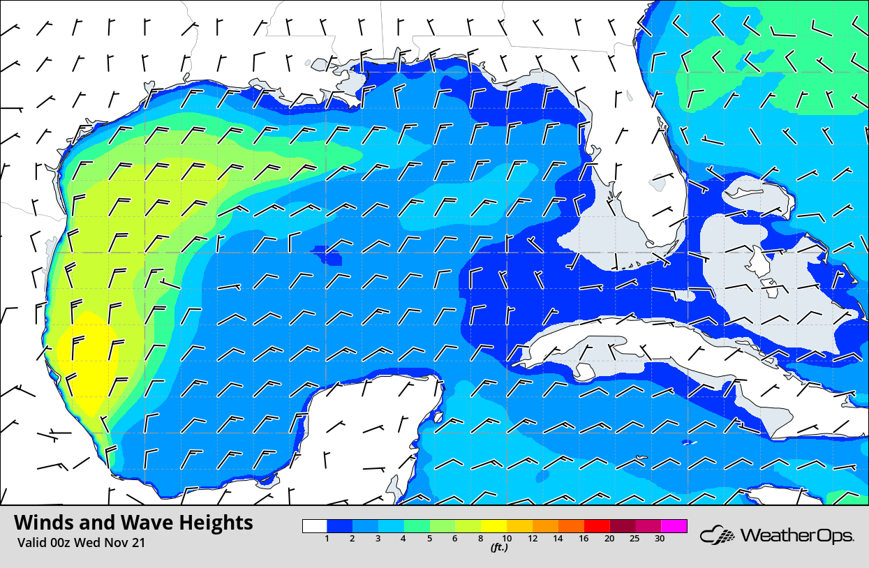 Winds and Wave Heights 6pm CST Tuesday, November 20, 2018