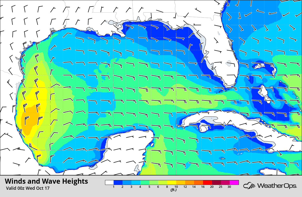 Winds and Wave Heights 7pm CDT October 16, 2018